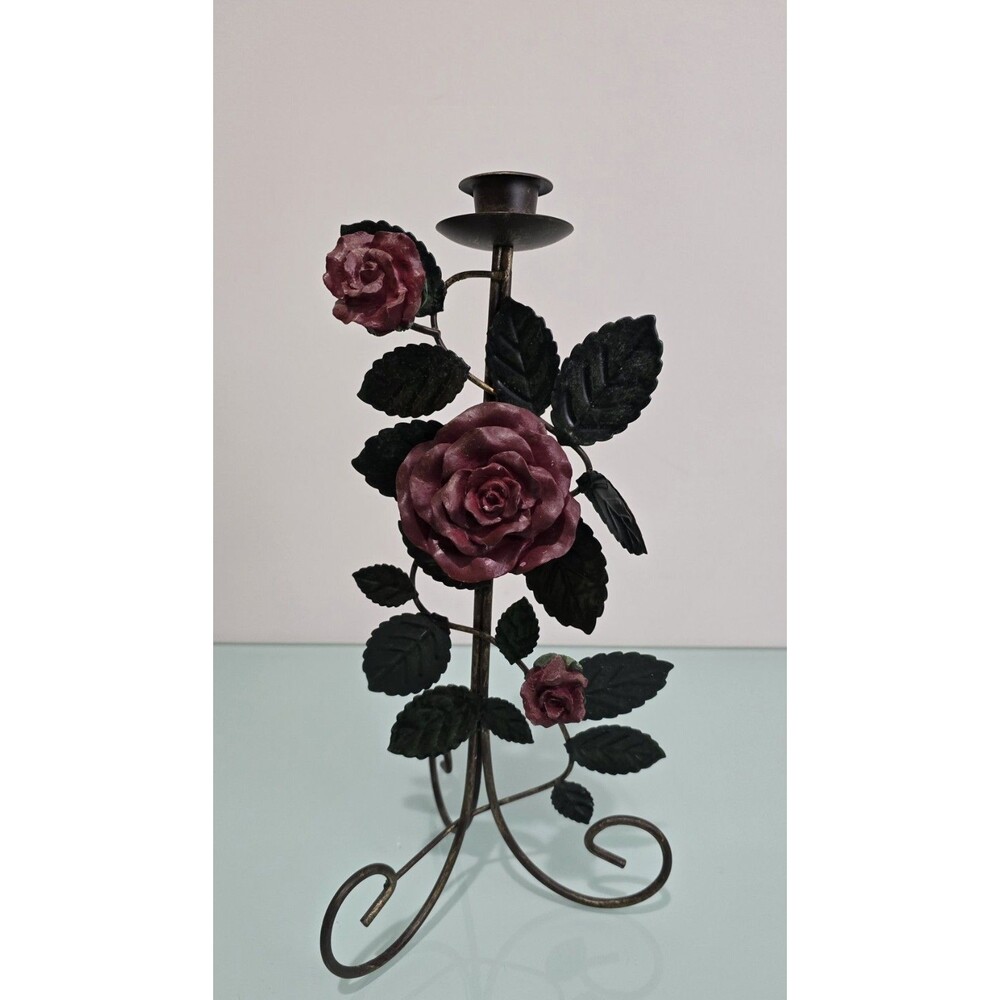 Vintage Metal Rose Candle Holder Red Floral Wrought Iron Romantic Table Decor